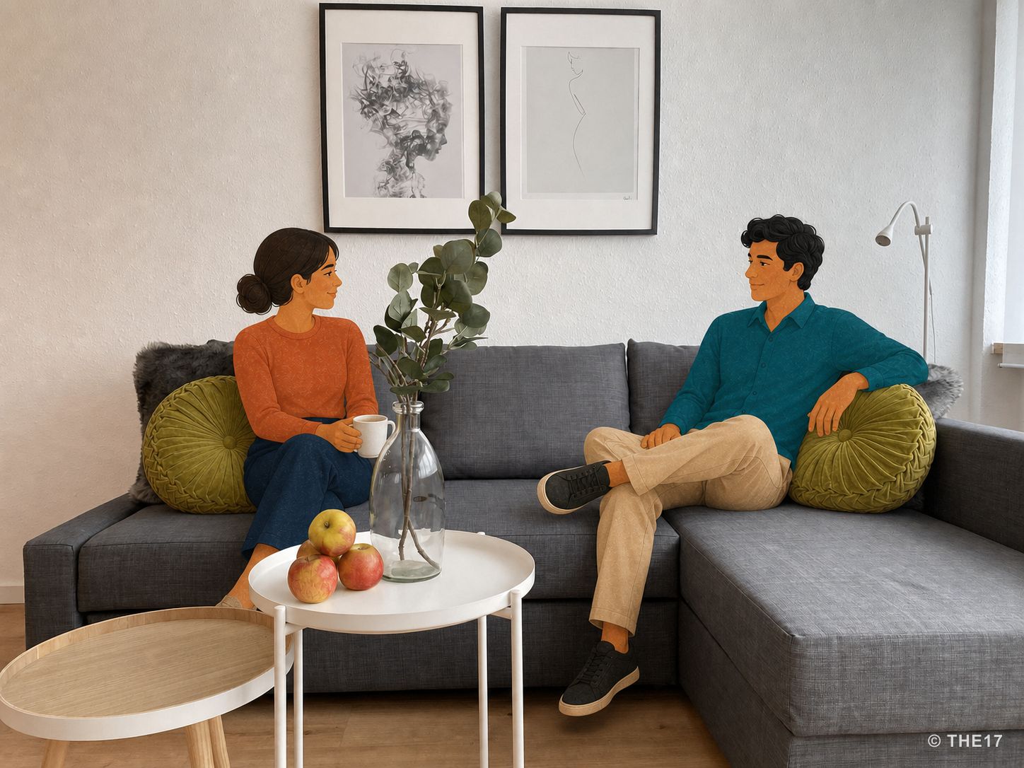 Two people sitting on gray sectional sofa with green pillows, round wooden table with apples and vase, minimalist wall art.