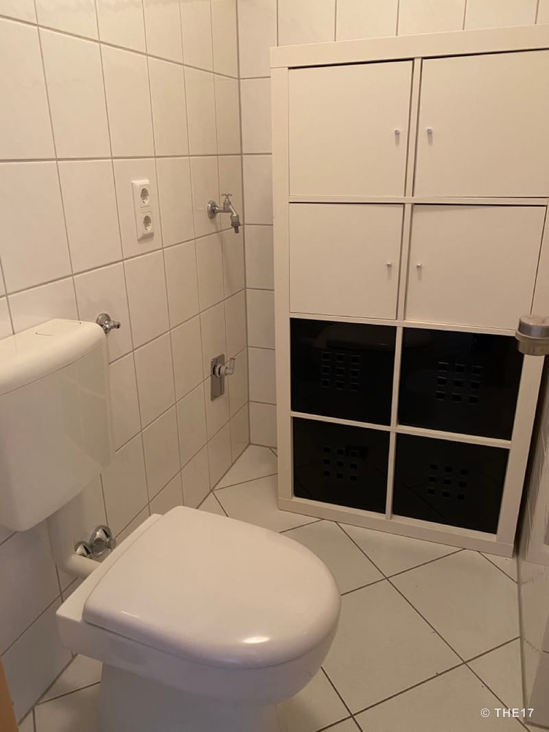 Small white tiled bathroom with toilet and white cabinet with black compartments.