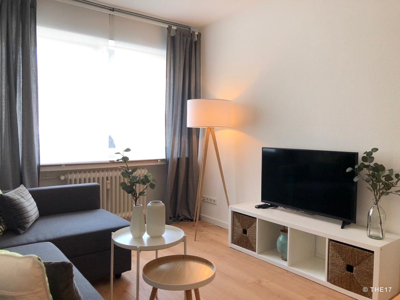 Cozy living room with gray sofa, two small tables, a floor lamp, TV on white lowboard, and a large window with curtains.