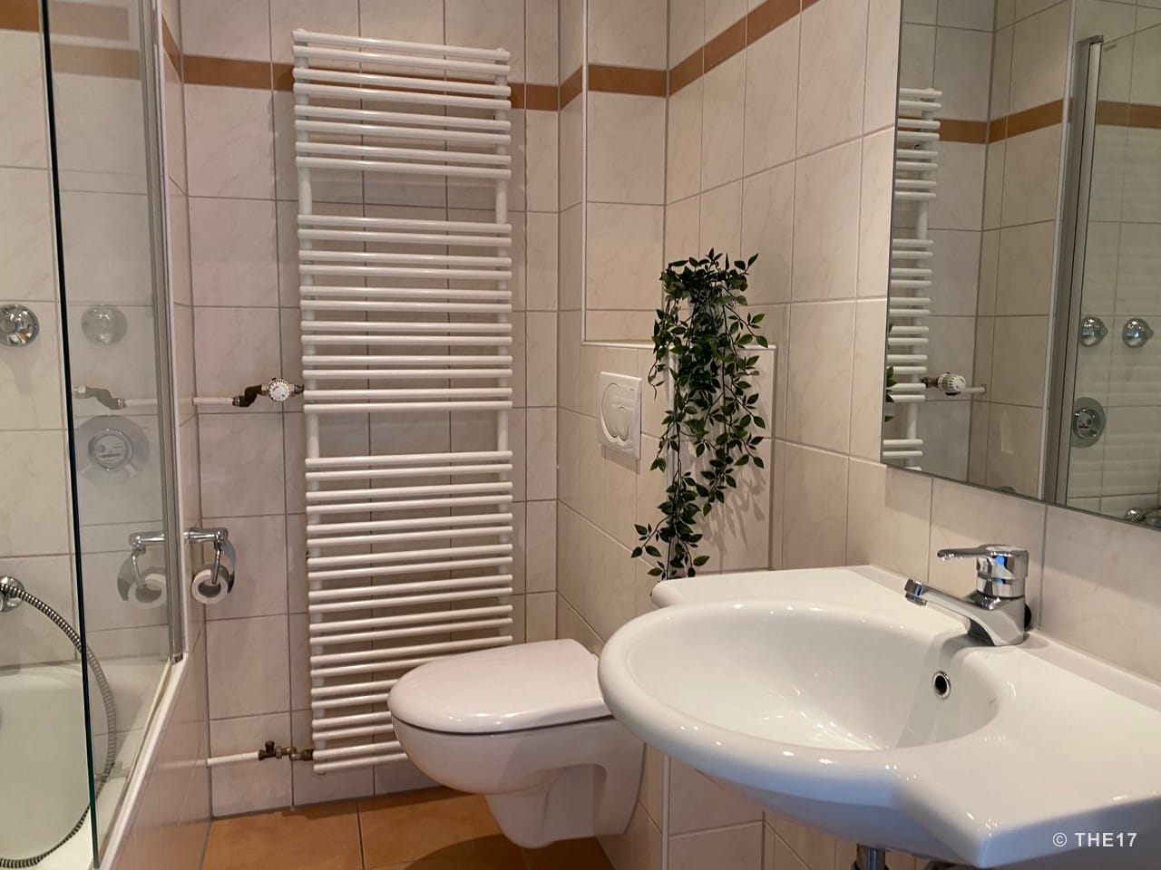 Kleines Badezimmer mit weißem Wand-WC, Waschbecken, vertikalem Heizkörper und Duschwanne mit Glaswand.