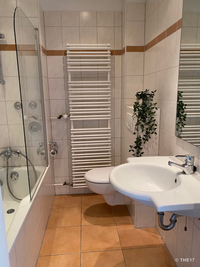 Kleines Badezimmer mit Badewanne, weißem Waschbecken, WC, Wandheizung und Pflanze neben großem Spiegel.