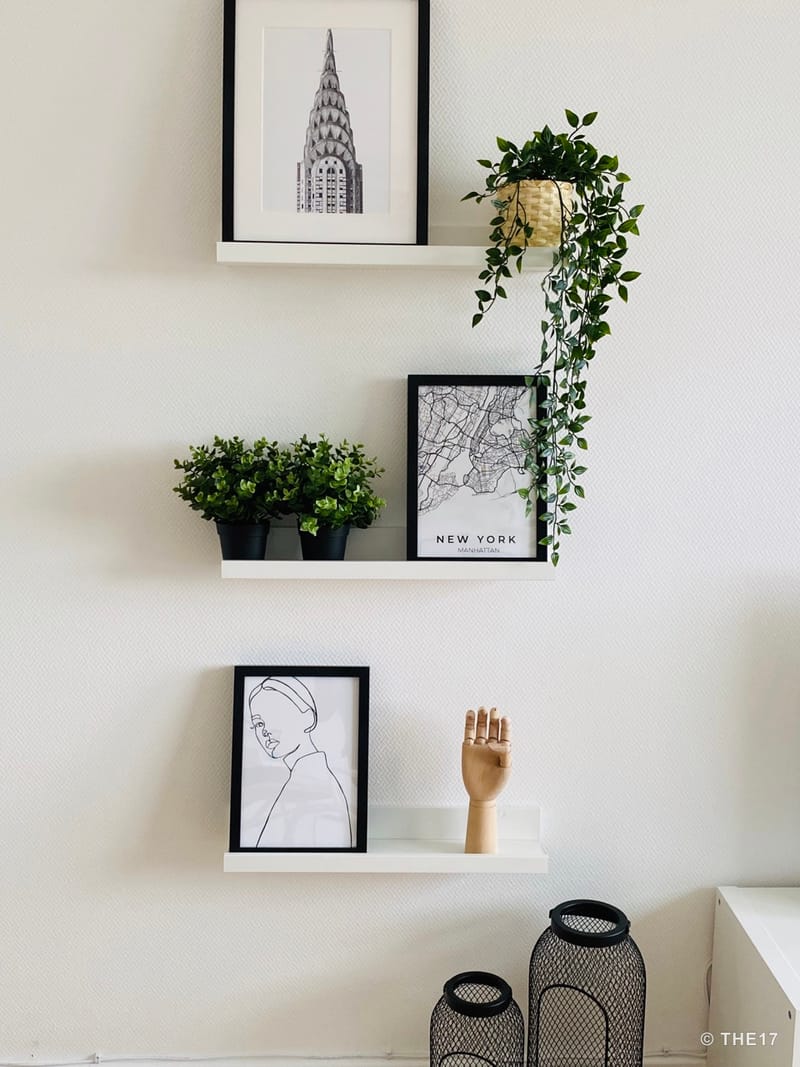 White wall shelves with framed pictures, two green plants, a hanging potted plant, and a wooden hand decoration.