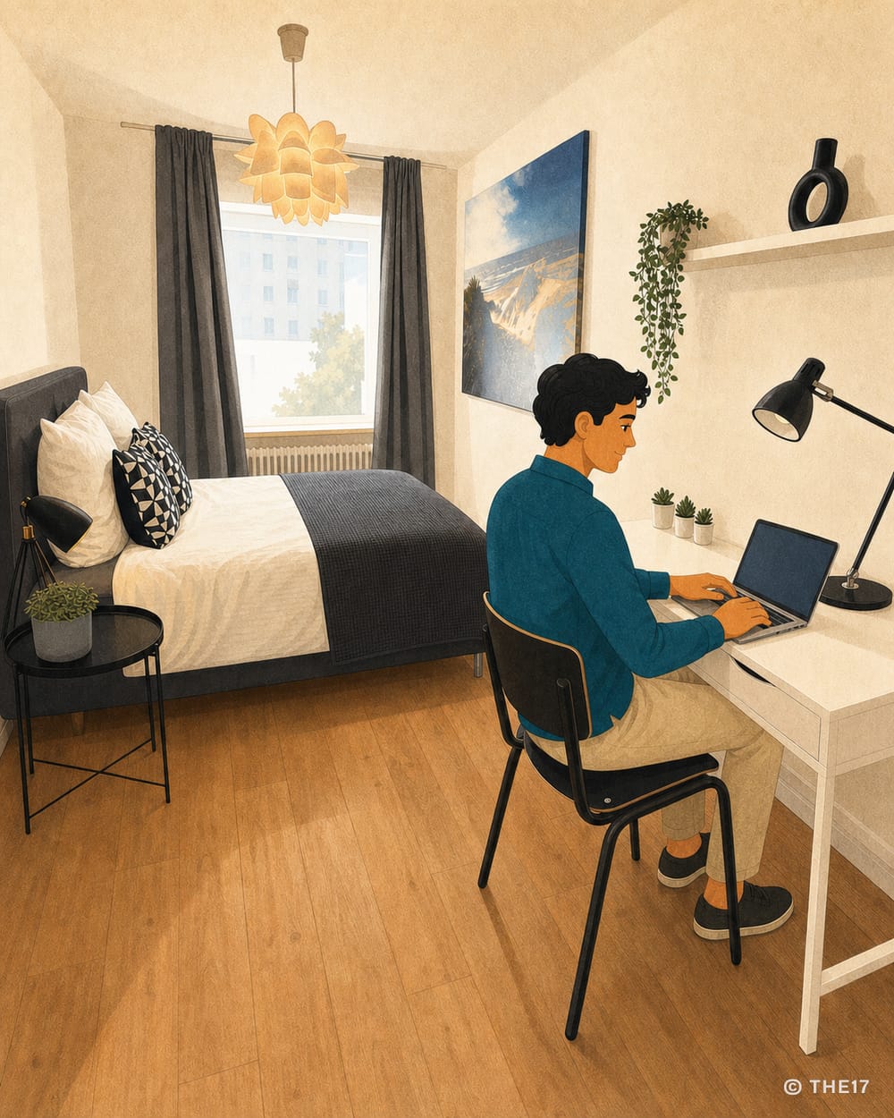 Illustration eines Mannes, der am Schreibtisch neben dem Bett eines THE17-Apartments am Laptop arbeitet.