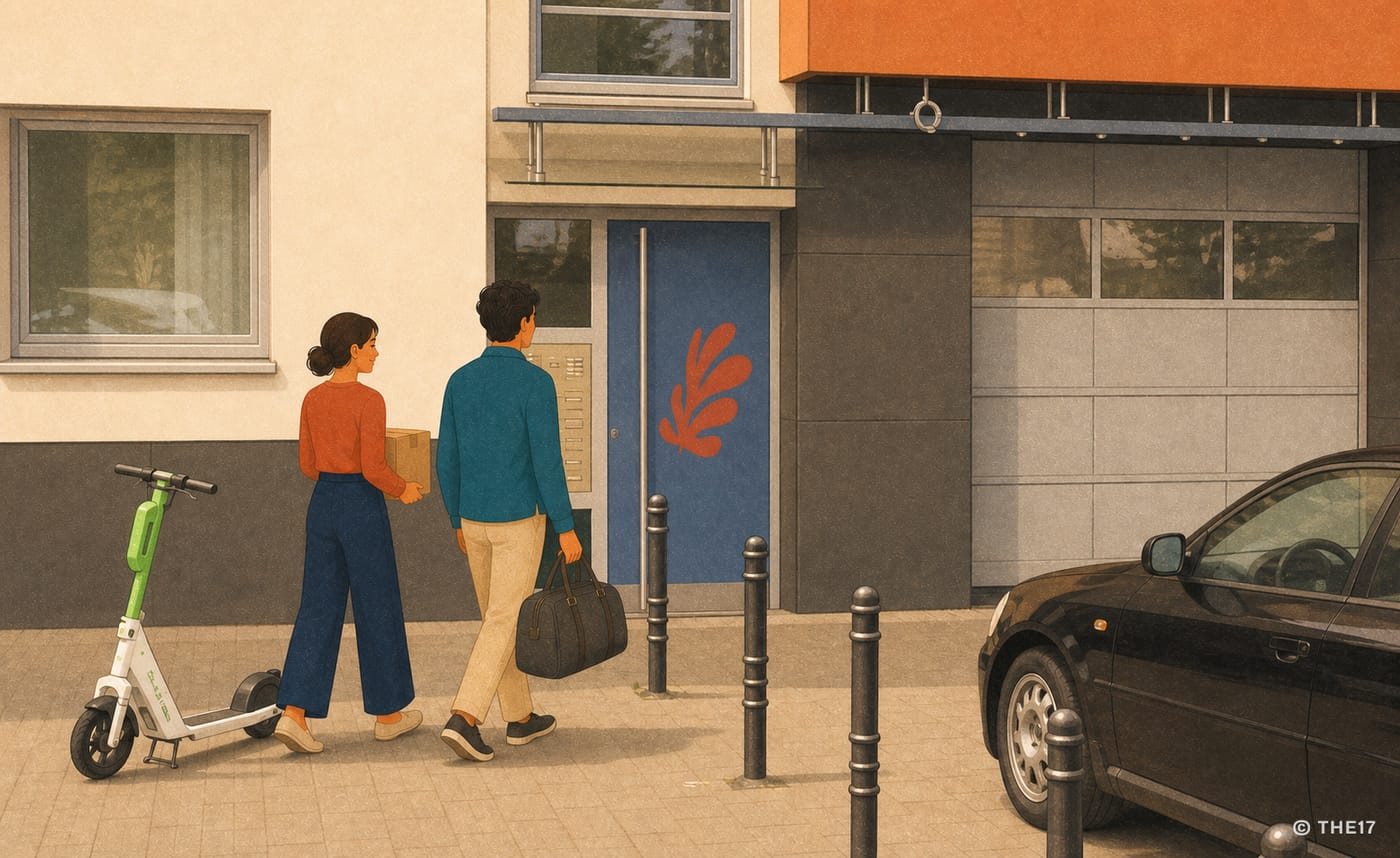 Illustration von zwei Personen mit Gepäck vor dem Hauseingang in der Waldecker Straße.