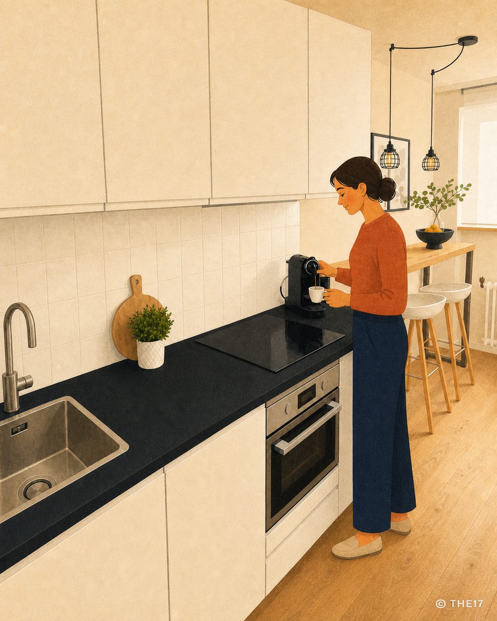 Illustration einer Frau, die in der voll ausgestatteten Küche eines THE17-Apartments Kaffee zubereitet.