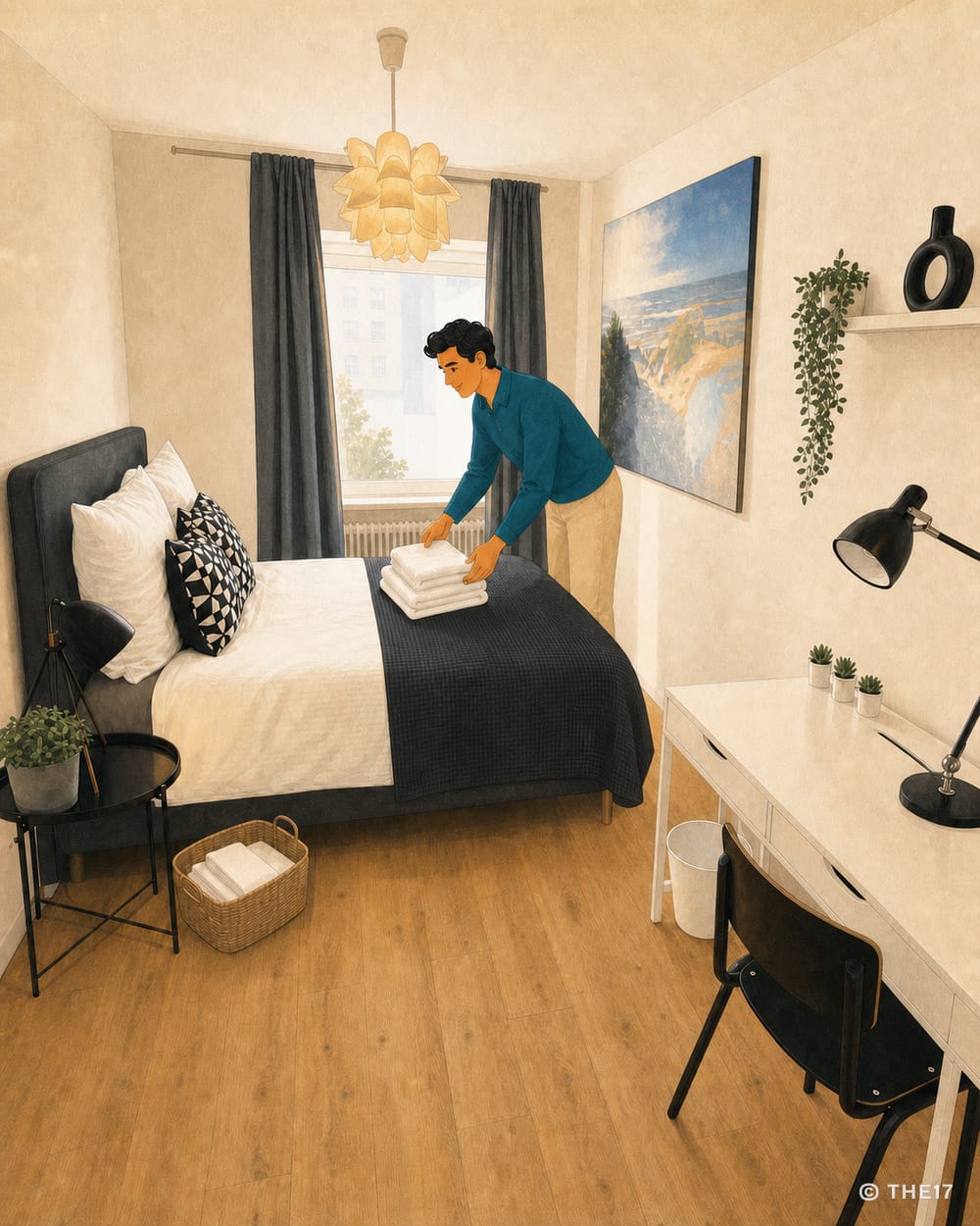 Illustration einer Person, die frische Handtücher auf das Bett eines THE17-Apartments legt.
