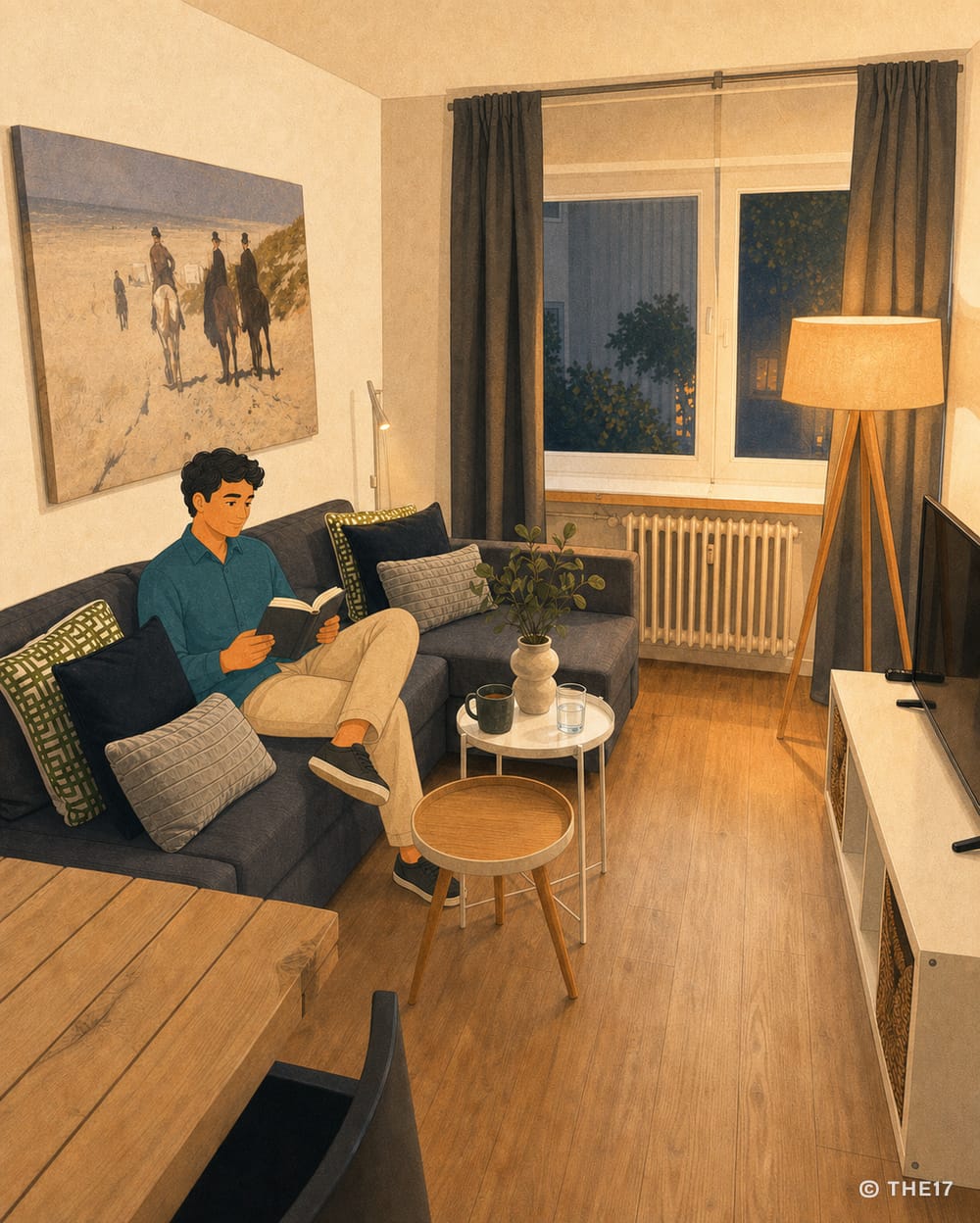 Illustration eines Mannes, der abends auf dem Sofa im Wohnbereich eines THE17-Apartments liest.