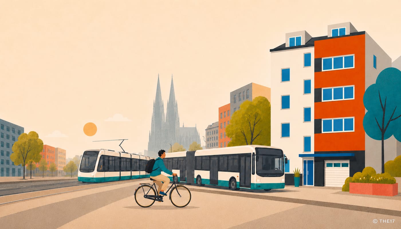 Illustration einer Kölner Straße: Radfahrer vor Stadtbahn und Gelenkbus, daneben ein Wohnhaus, im Hintergrund der Kölner Dom.
