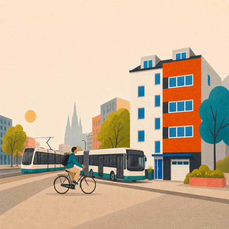 Illustration einer Straßenszene in Köln-Buchforst: Stadtbahn und Gelenkbus halten vor einem Wohnhaus, ein Radfahrer fährt vorbei, im Hintergrund die Türme des Kölner Doms.