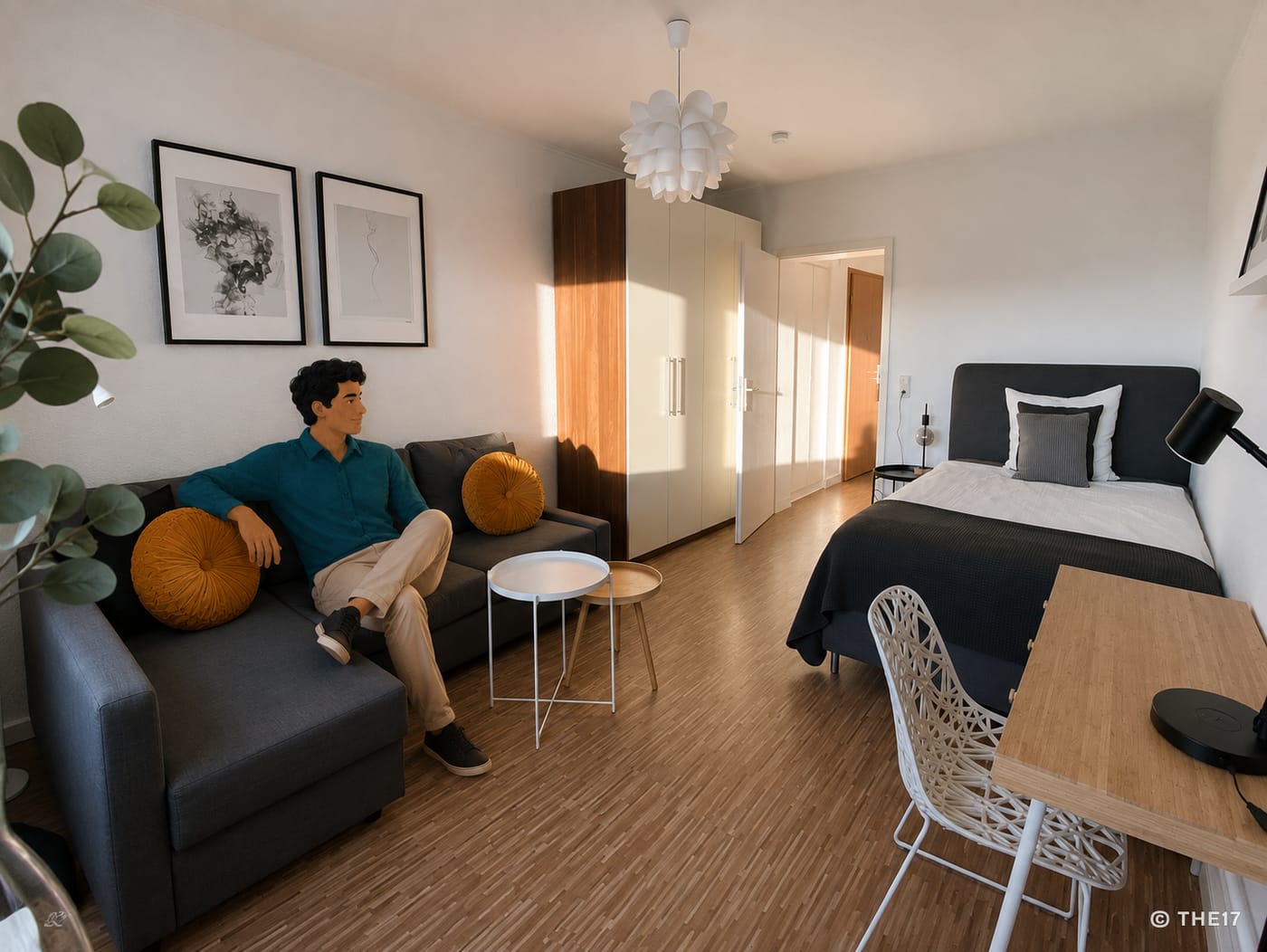 Bright studio apartment with grey corner sofa, orange cushions, wardrobe, double bed and dining table; a man sits on the sofa.