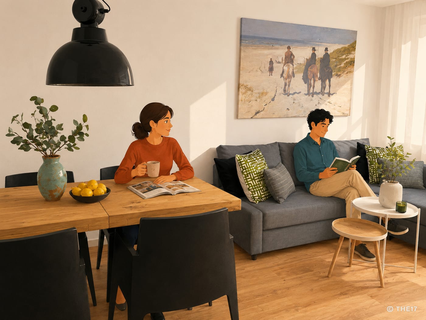 Bright living and dining area with wooden floor, grey sofa, dining table and plants; a woman drinks coffee, a man reads on the sofa.