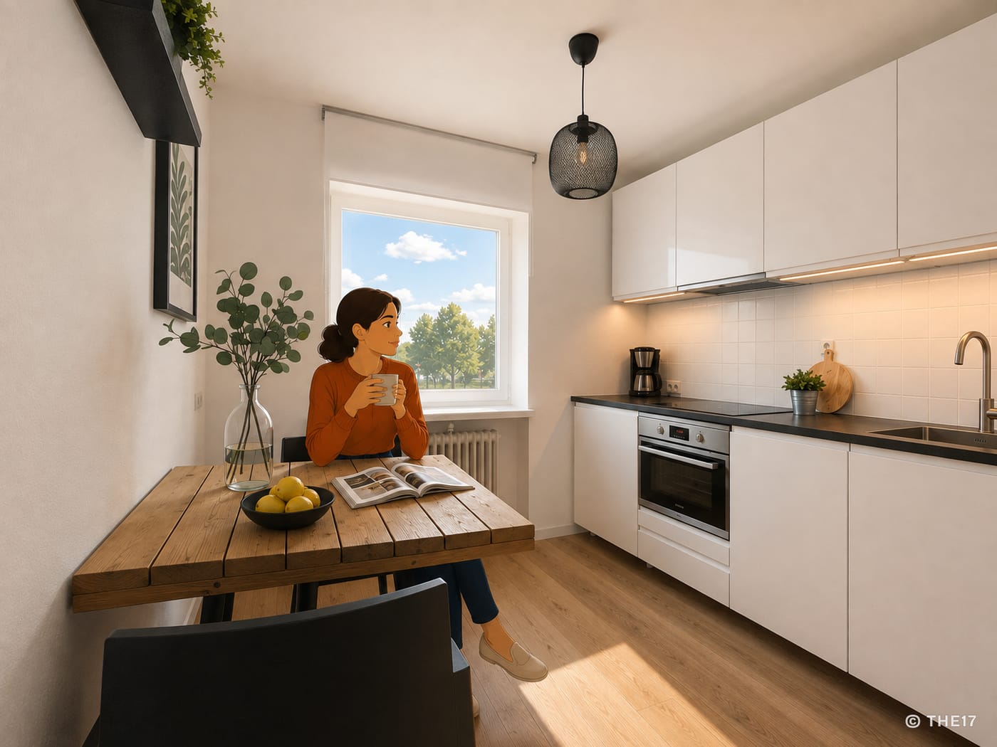Separate Küche mit weißen Schränken, Backofen und Spüle; am Holztisch am Fenster sitzt eine Frau mit einer Tasse, draußen Bäume.