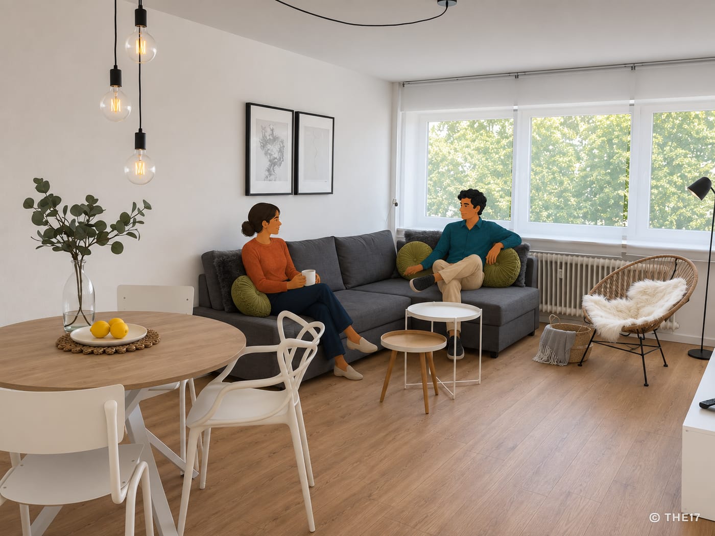 Modern living room with gray sectional sofa, dining table, rattan chair, and large windows showing green trees outside.