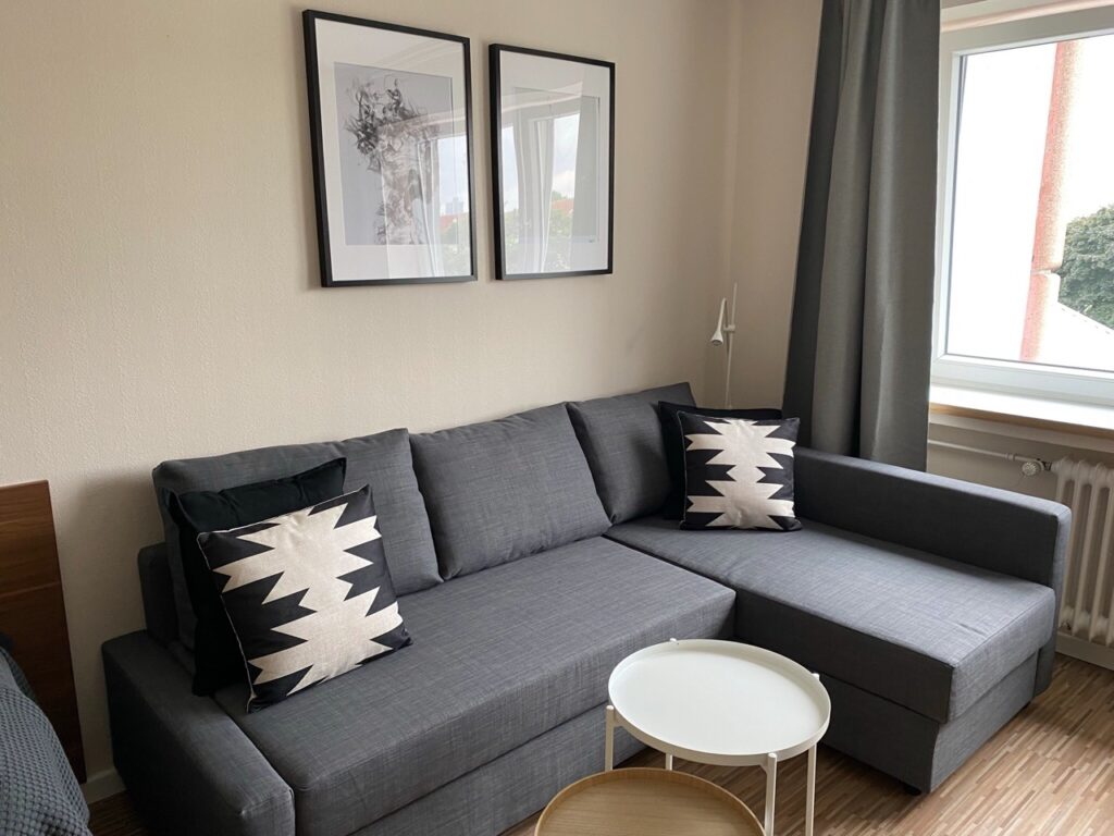Modern living room/bedroom with a gray sofa on which there are pillows with geometric patterns. Next to the sofa is a small white side table. On the wall hang two framed artworks. A large window with gray curtains lets daylight in.